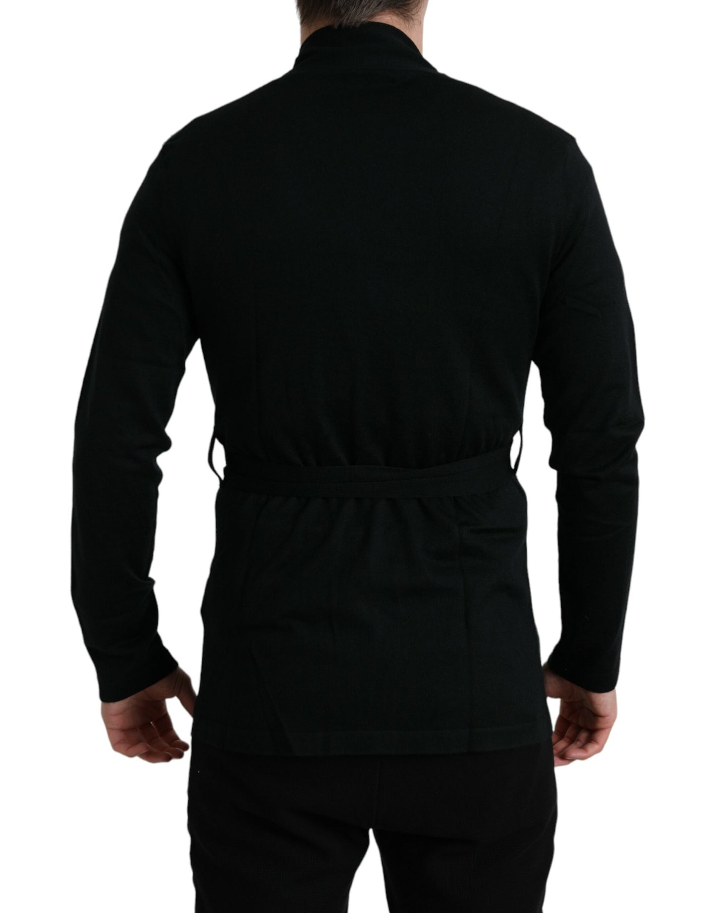- Elegant Black Cashmere Robe with Waist Belt