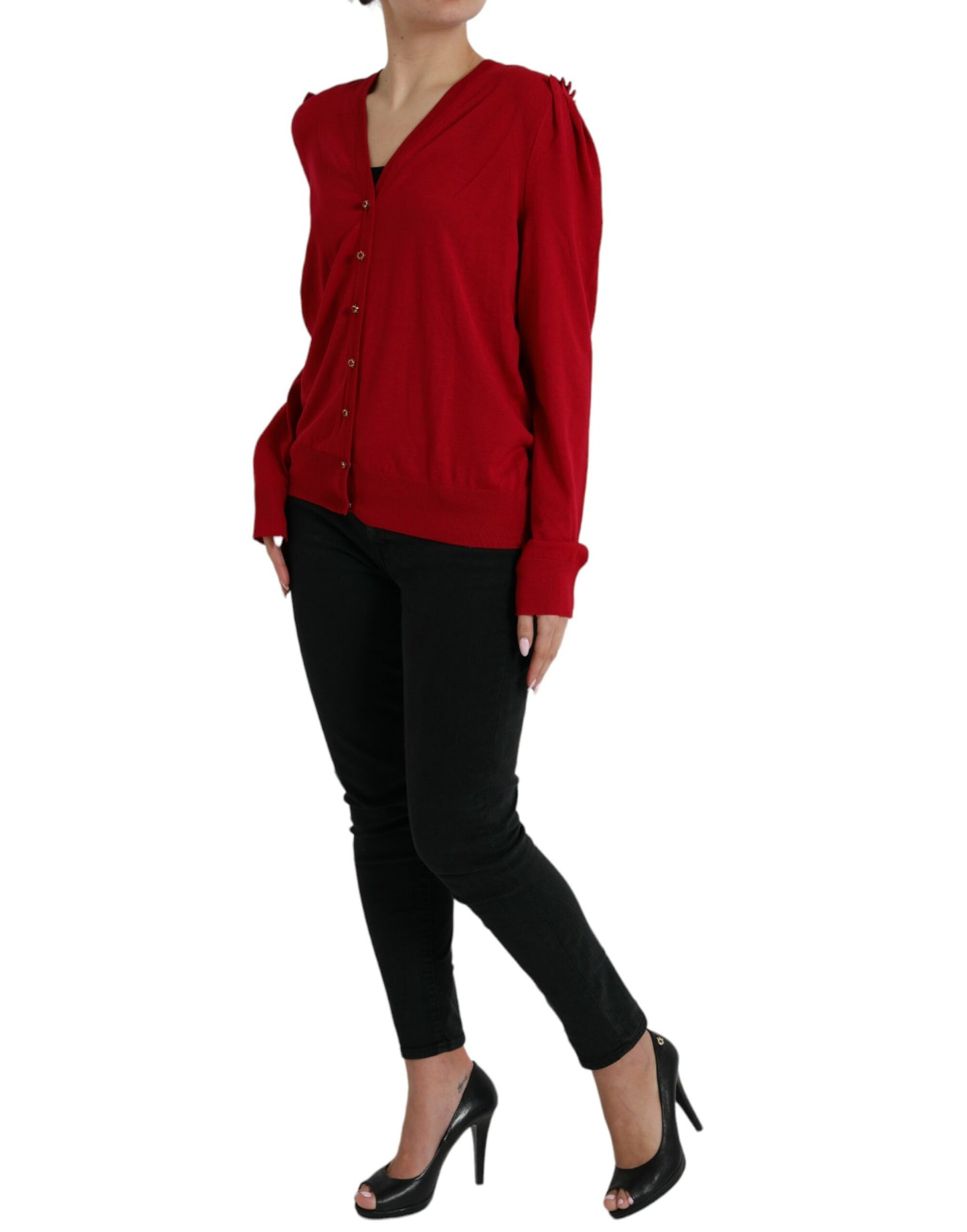 - Elegant Red V-Neck Wool Cardigan