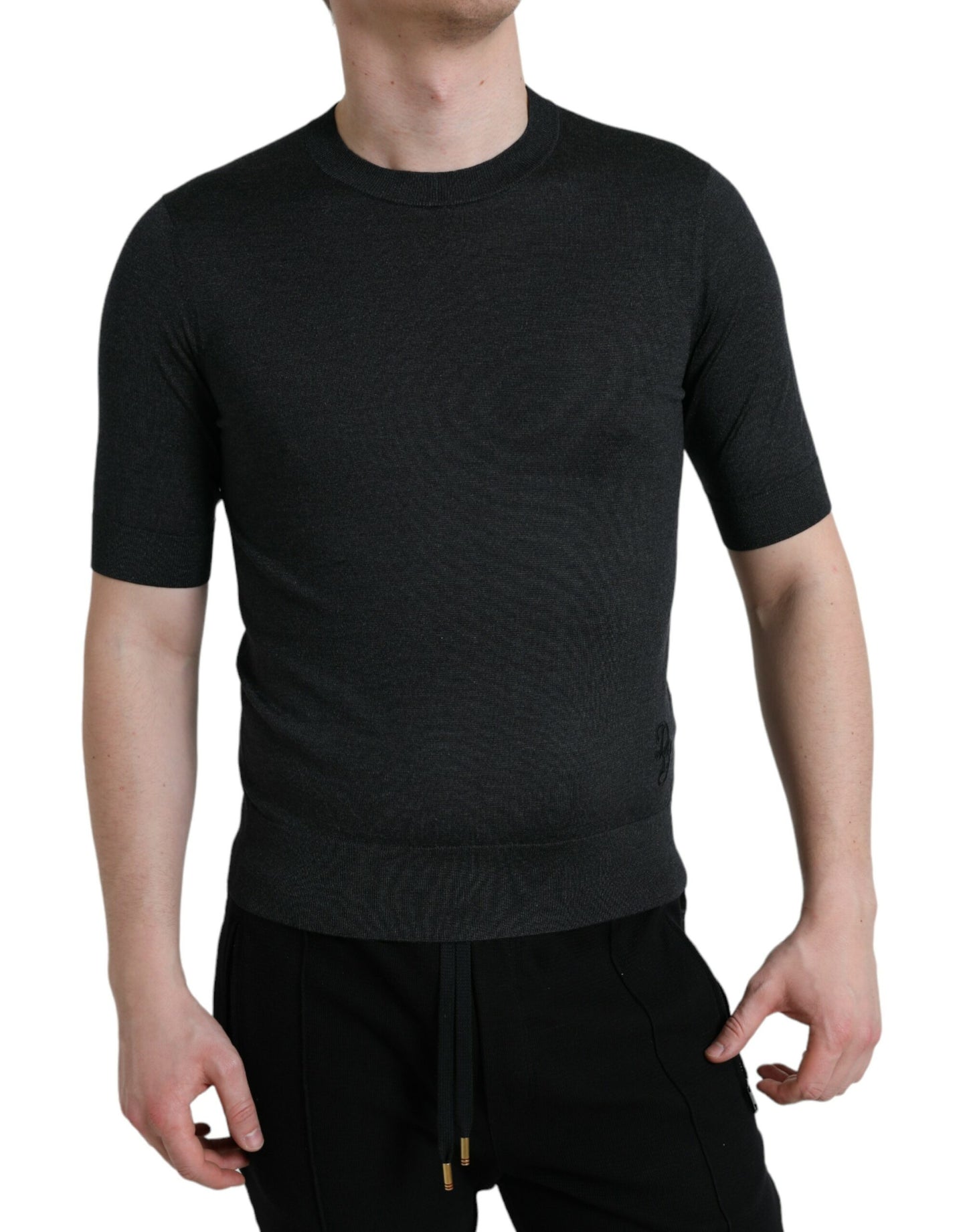 - Elegant Silk Crew Neck Tee in Dark Grey