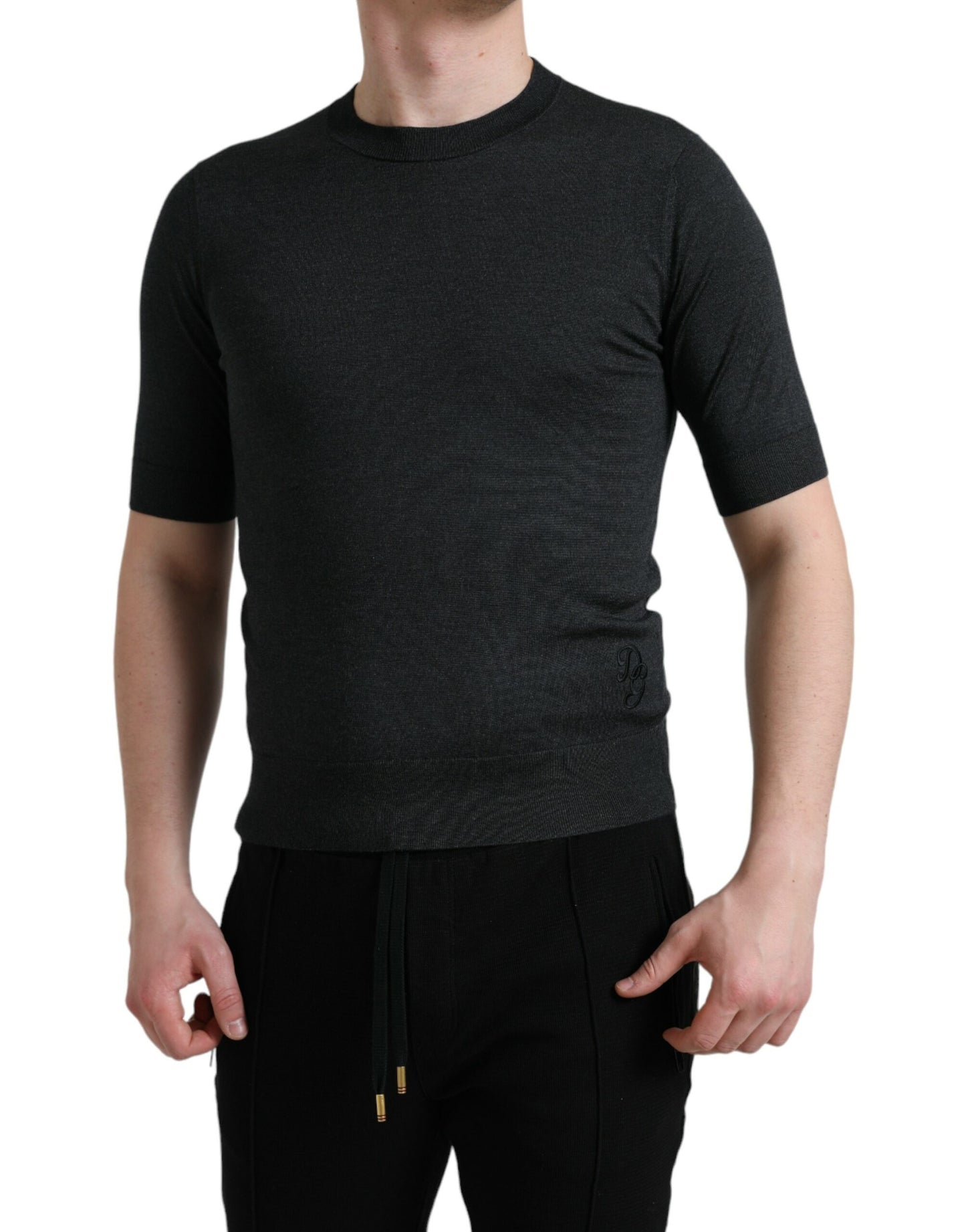 - Elegant Silk Crew Neck Tee in Dark Grey