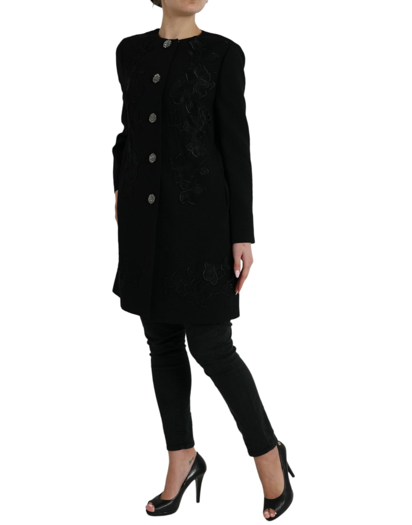 - Elegant Floral Buttoned Wool Trench Coat