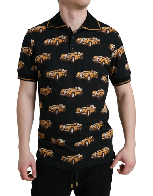 - Black Car Print Short Sleeve Polo T-shirt