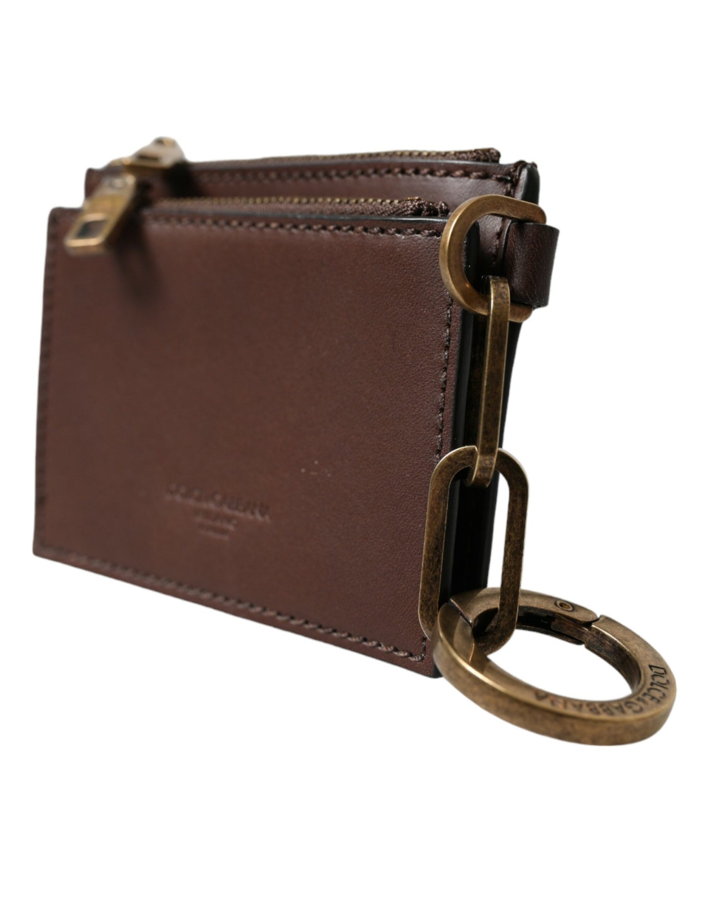 Dolce & Gabbana Brown Leather Zip Logo Keyring Coin Purse