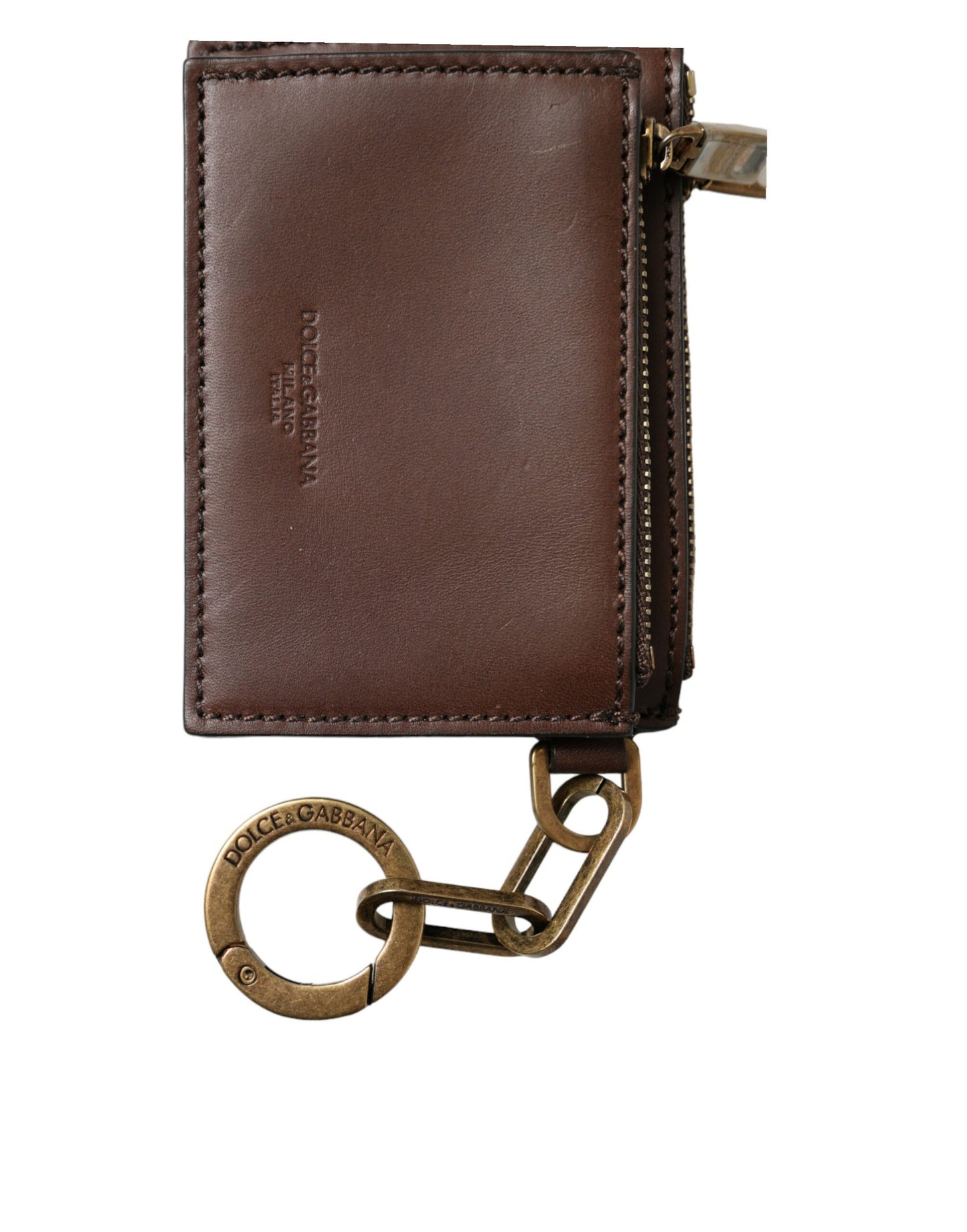 Dolce & Gabbana Brown Leather Zip Logo Keyring Coin Purse