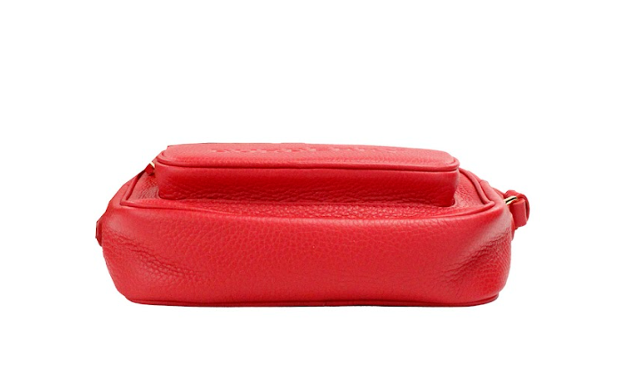 - Small Branded Bright Red Grainy Leather Camera Crossbody Bag