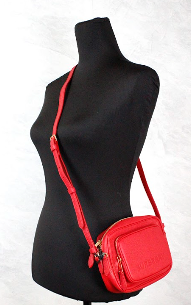 - Small Branded Bright Red Grainy Leather Camera Crossbody Bag