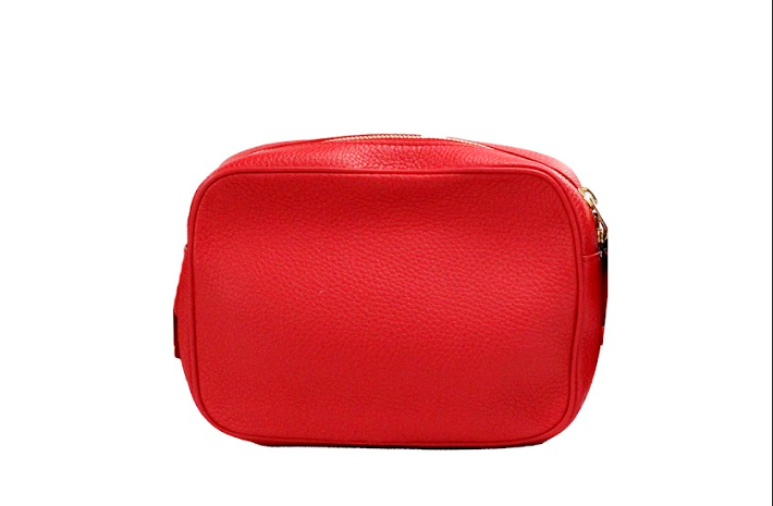 - Small Branded Bright Red Grainy Leather Camera Crossbody Bag