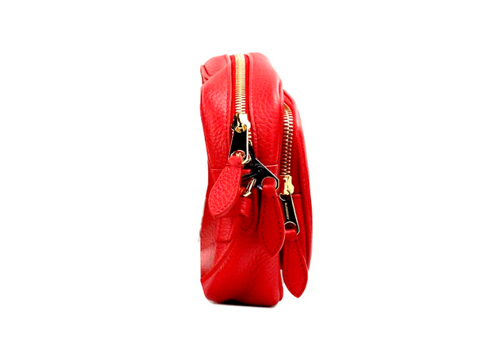 - Small Branded Bright Red Grainy Leather Camera Crossbody Bag