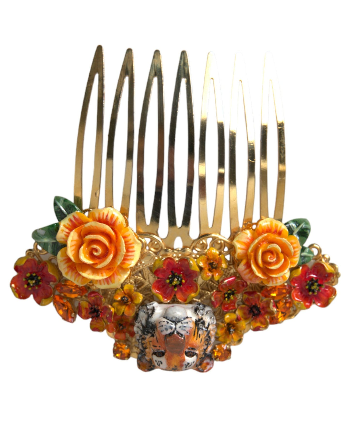 - Gold Brass Crystal Leopard Floral Hair Comb