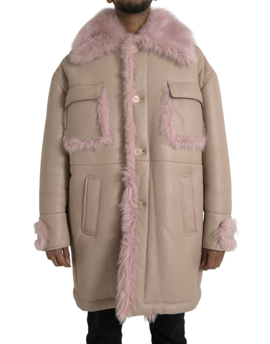 - Beige Pink Lamb Leather Shearling Coat Jacket