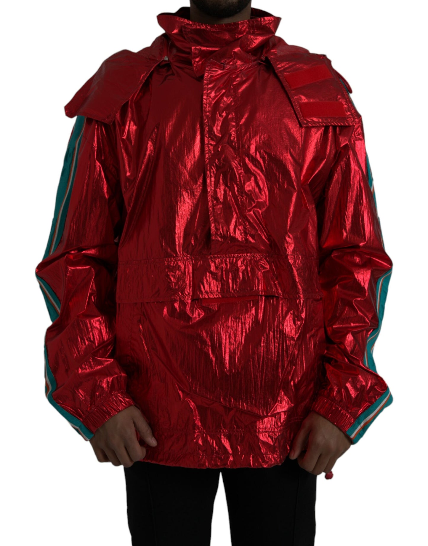 - Red Nylon Hooded Pullover Sweatshirt Jacket