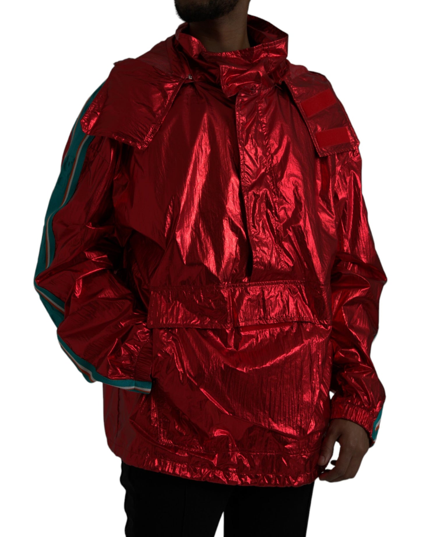 - Red Nylon Hooded Pullover Sweatshirt Jacket