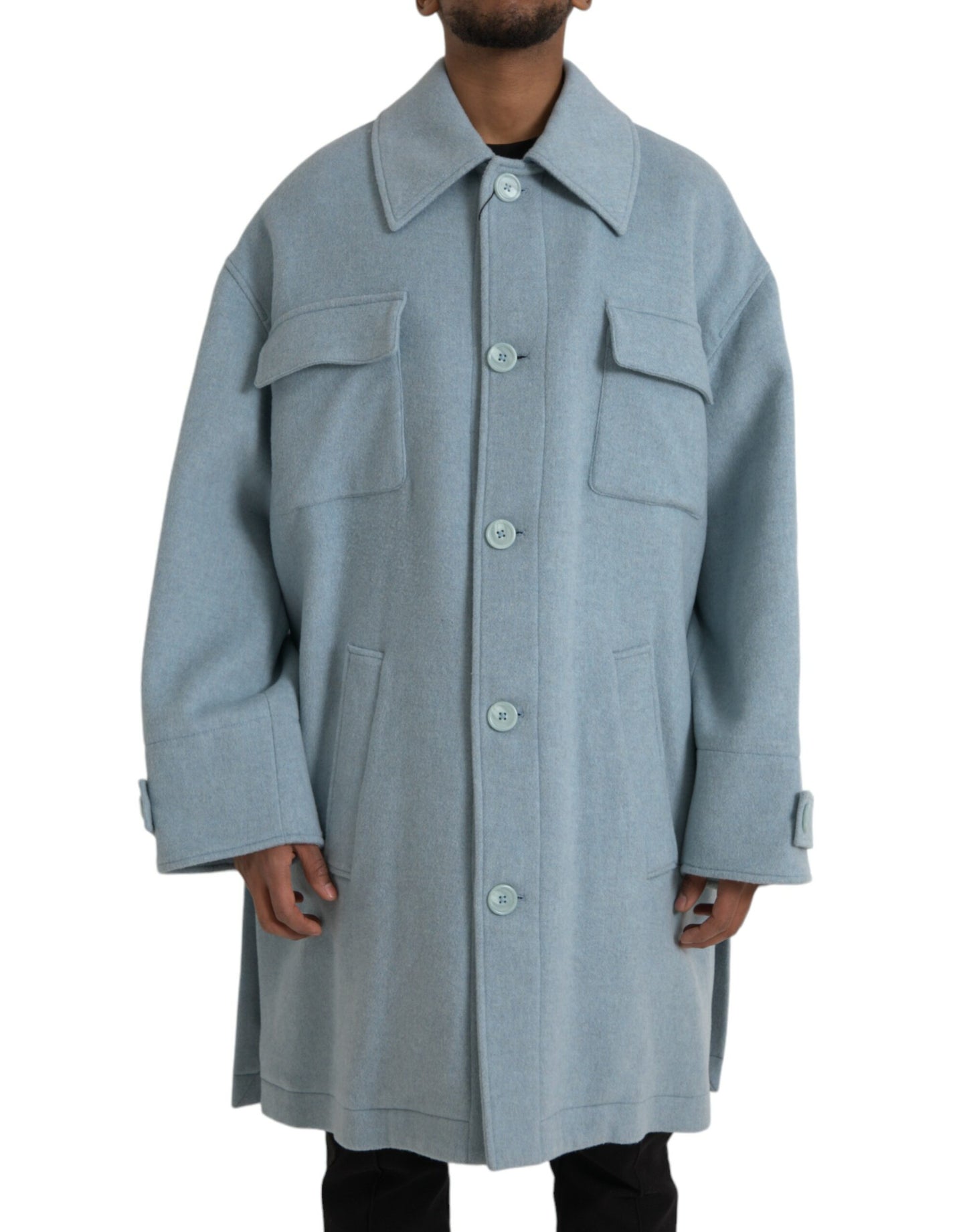 - Light Blue Wool Button Trench Coat Jacket