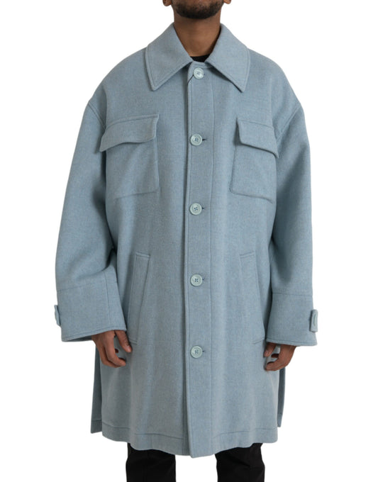 - Light Blue Wool Button Trench Coat Jacket