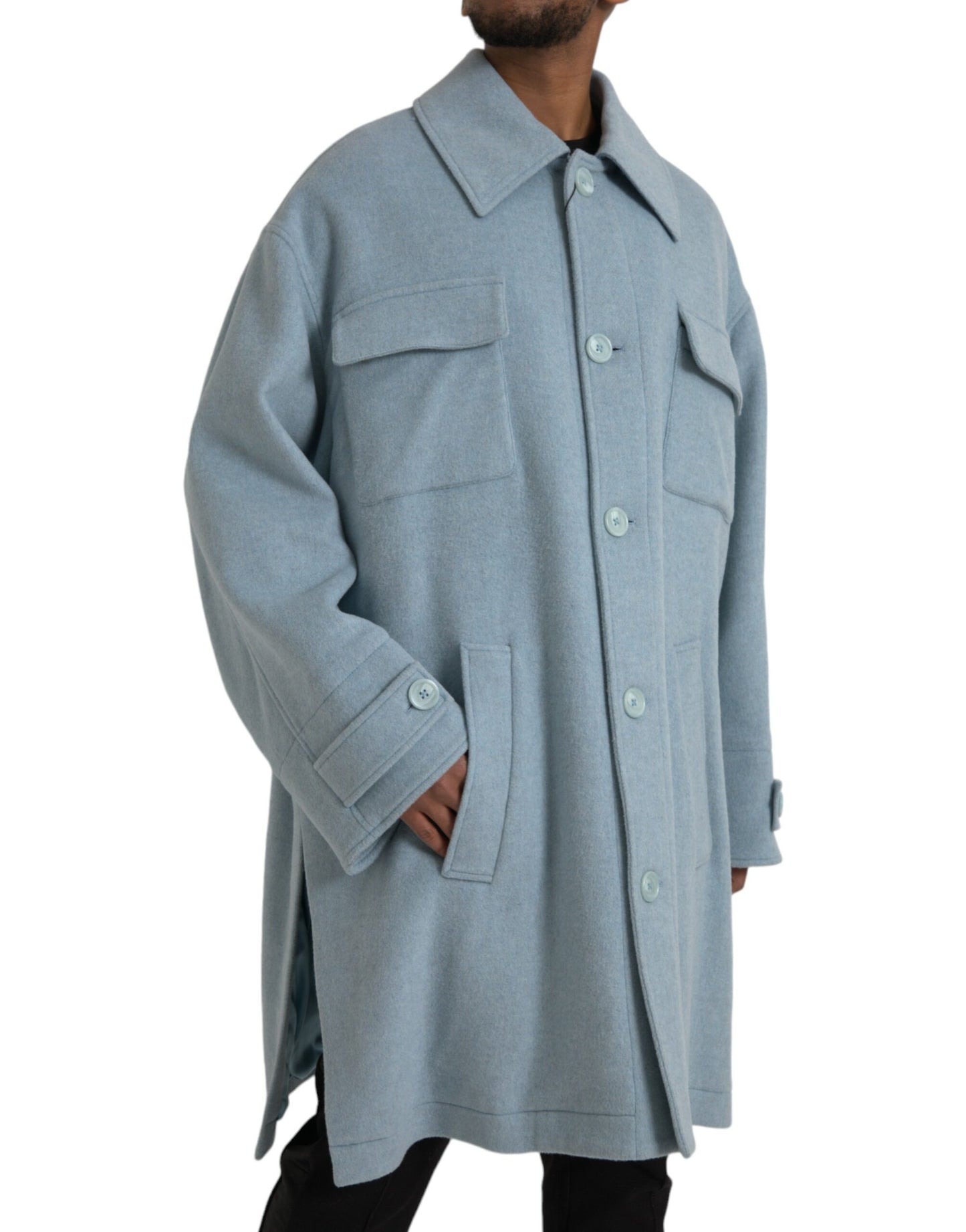 - Light Blue Wool Button Trench Coat Jacket
