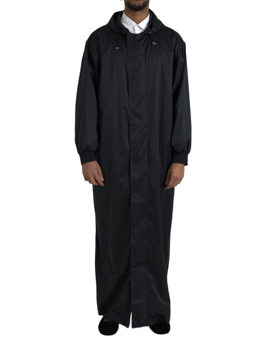 - Black Polyester Hooded Long Windbreaker Jacket