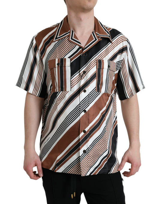 - Brown White Silk Striped Short Sleeve Shirt