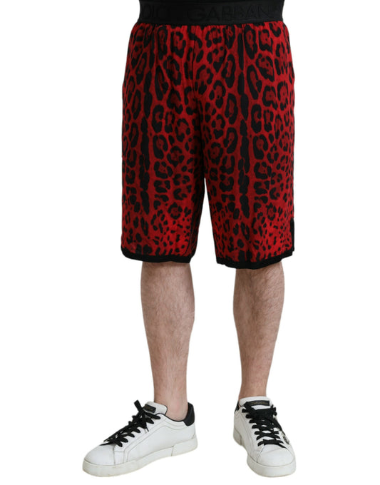- Red Leopard Print Viscose Bermuda Shorts