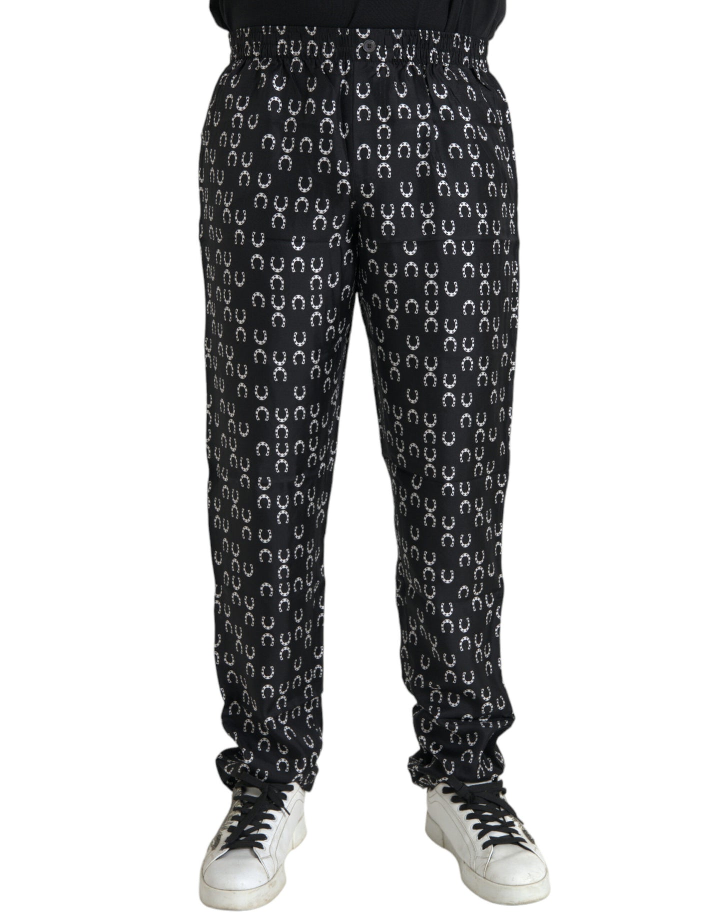 - Black Horseshoe Print Silk Pants