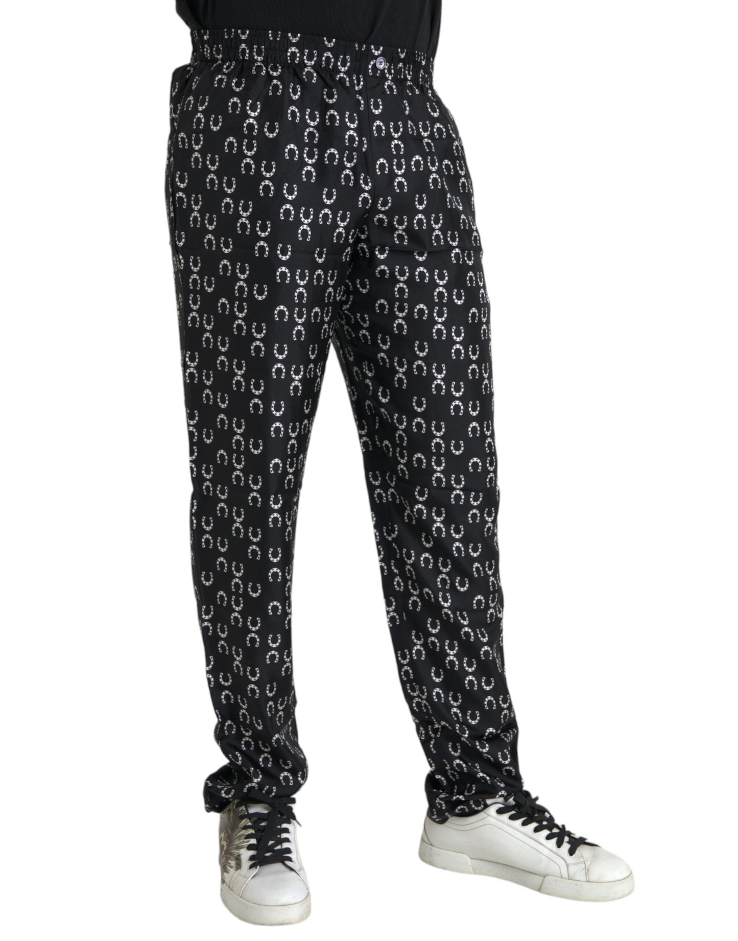 - Black Horseshoe Print Silk Pants