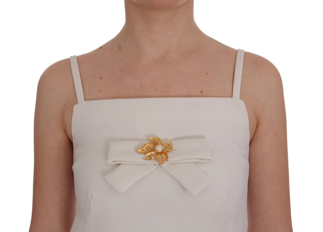 - Elegant White Wool Shift Dress with Gold Brooch