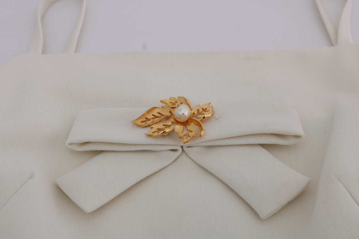 - Elegant White Wool Shift Dress with Gold Brooch