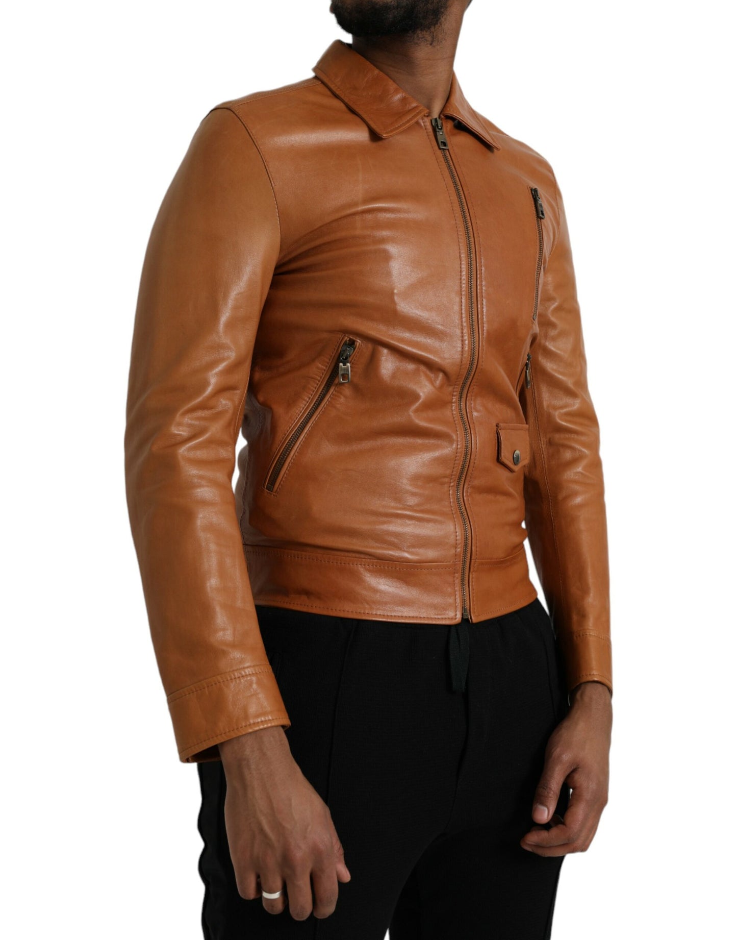 - Brown Lamb Leather Full Zip Blouson Jacket