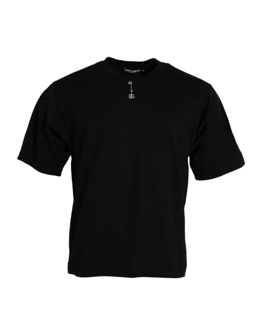 - Black Embellished Cotton Crew Neck T-shirt