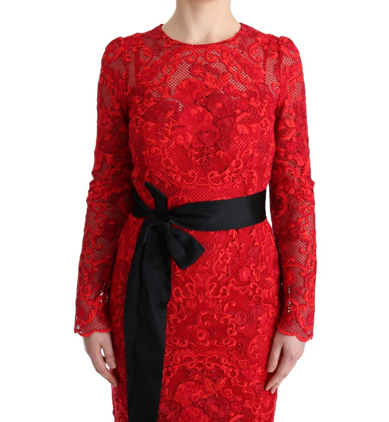 - Elegant Red Sheath Dress with Silk Bow Belt