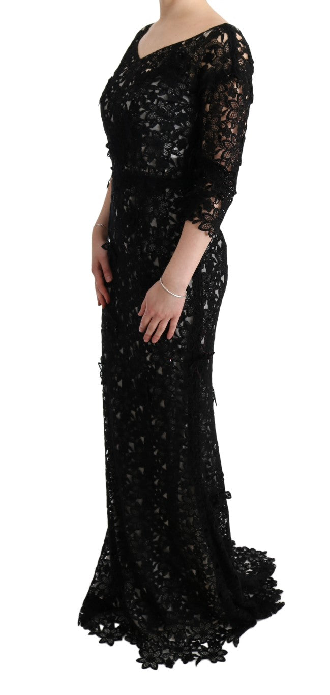 - Elegant Black Maxi Shift Dress with Floral Applique