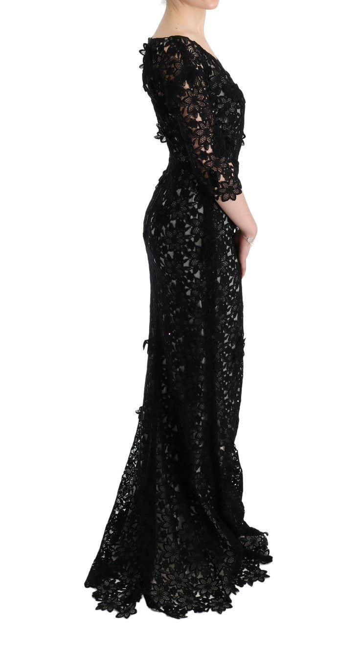 - Elegant Black Maxi Shift Dress with Floral Applique