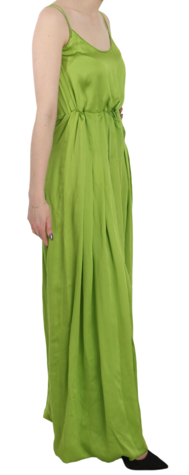- Green Spaghetti Strap Long A-line Pleated Dress