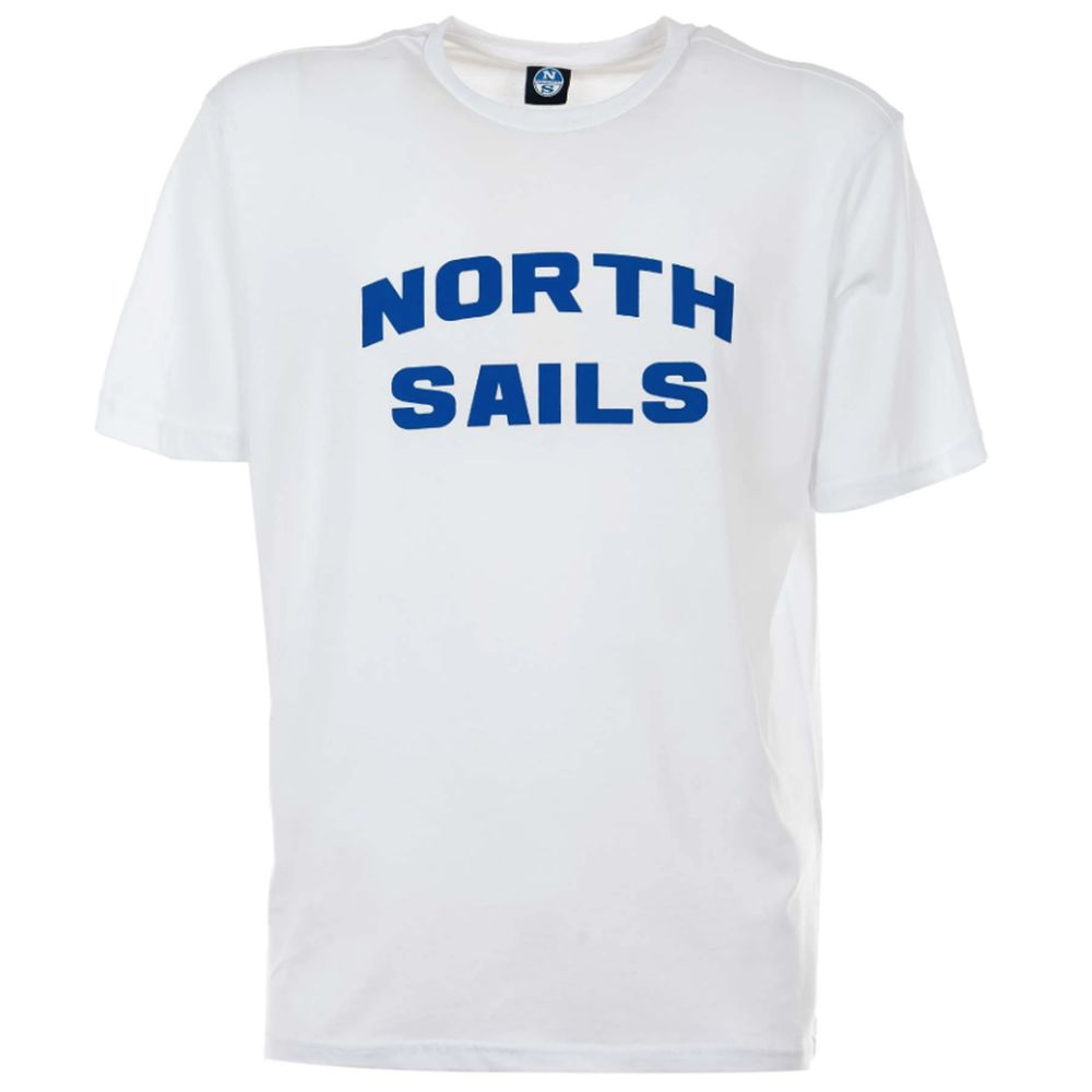 - Elegant White Cotton Tee with Bold Blue Logo