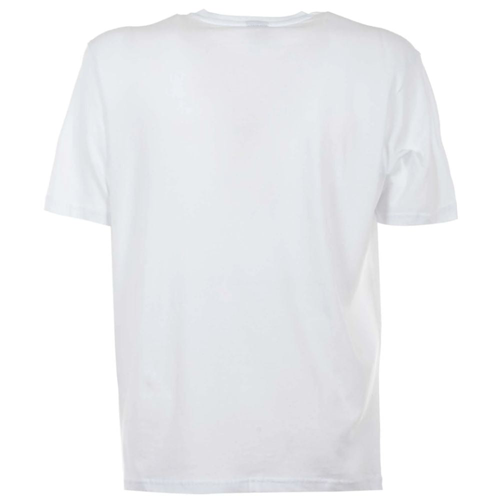 - Elegant White Cotton Tee with Bold Blue Logo