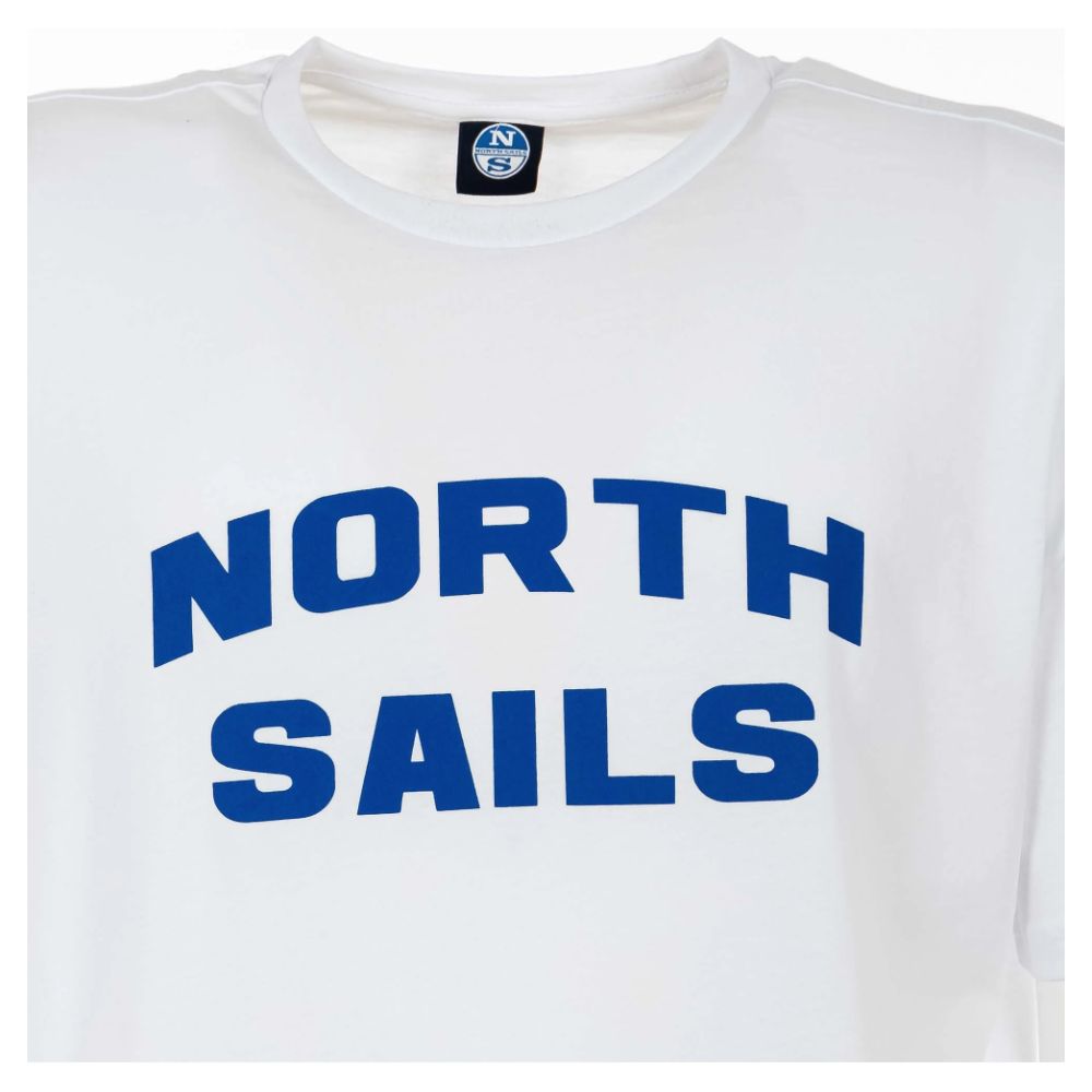 - Elegant White Cotton Tee with Bold Blue Logo