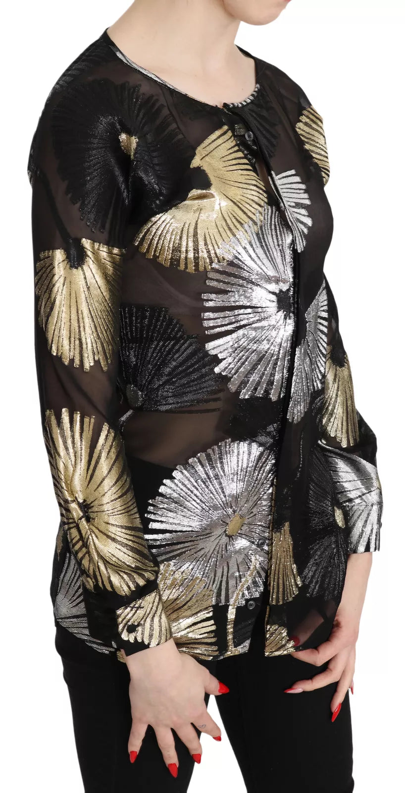 - Gold Silver Silk Jacquard See Through Top Blouse