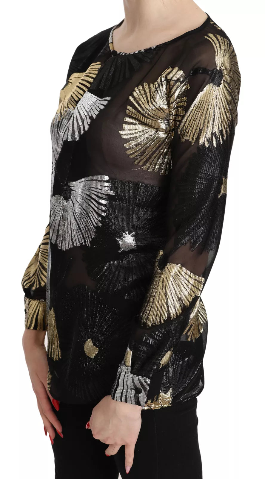 - Gold Silver Silk Jacquard See Through Top Blouse