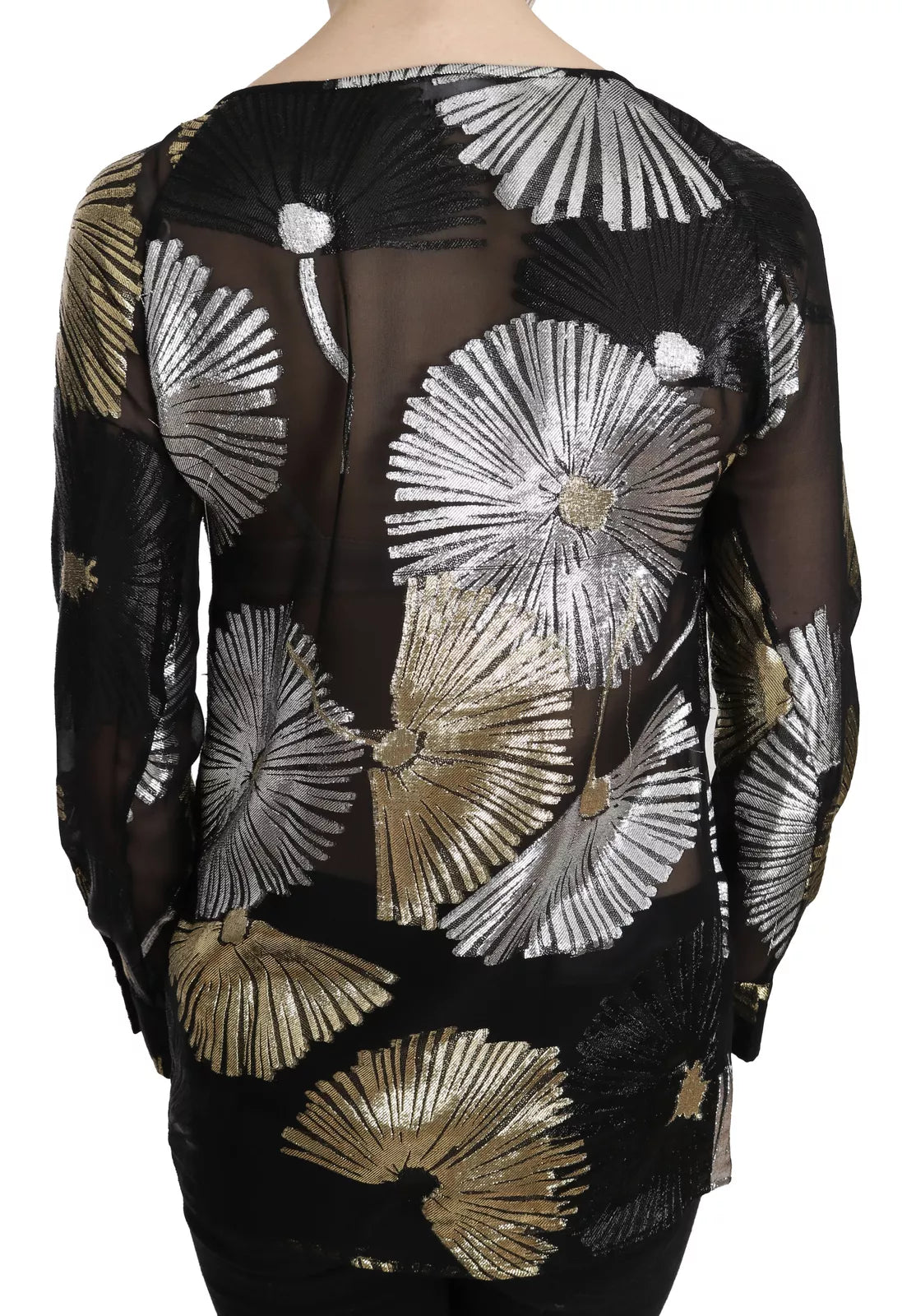- Gold Silver Silk Jacquard See Through Top Blouse