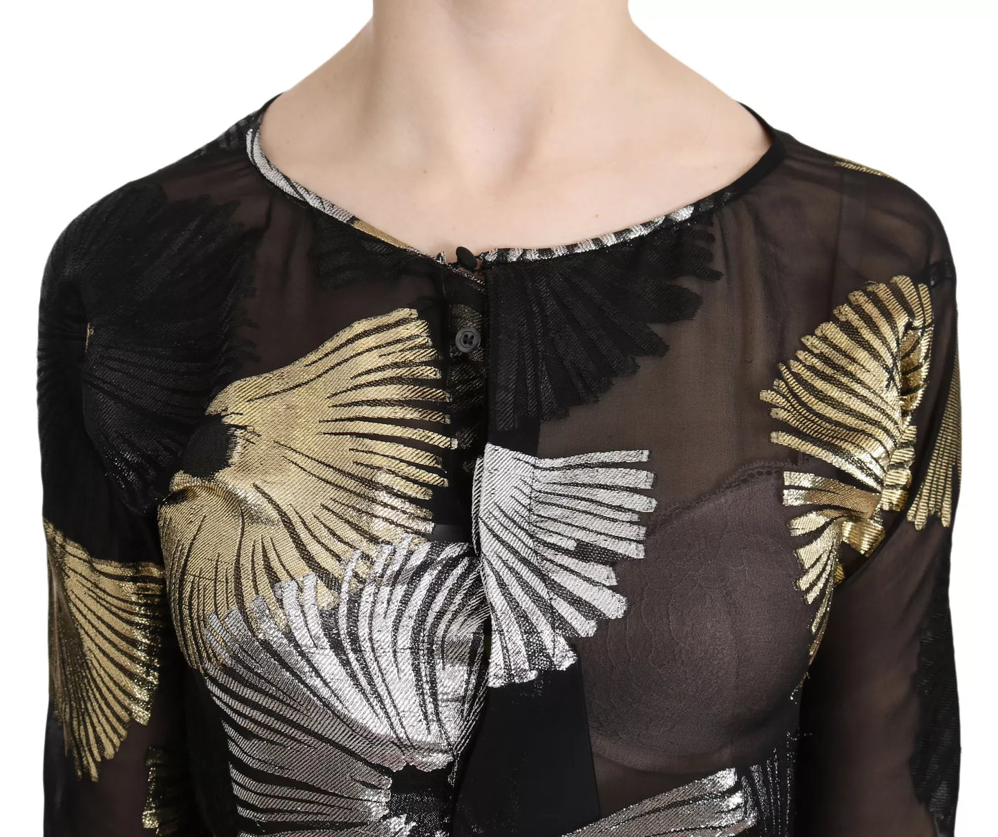 - Gold Silver Silk Jacquard See Through Top Blouse