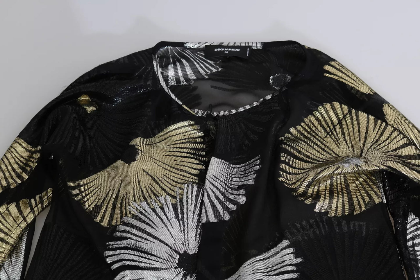 - Gold Silver Silk Jacquard See Through Top Blouse