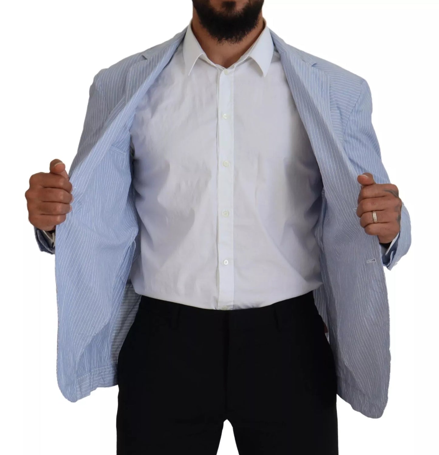- Blue Striped Single Breasted Formal Coat Blazer