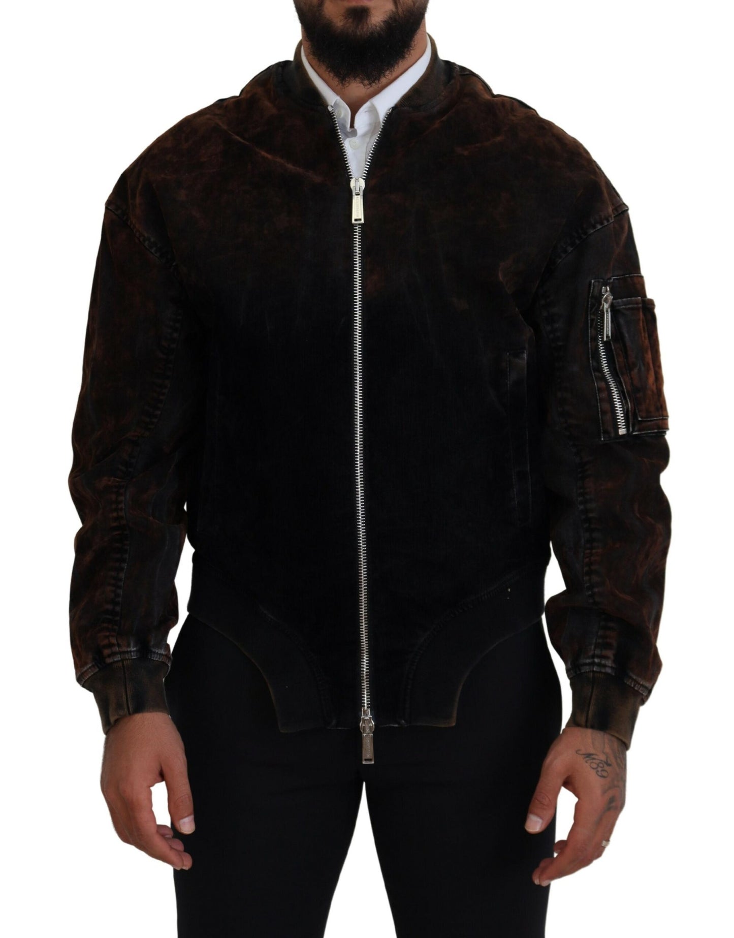 - Brown Cotton Bomber Zipper Pocket Sleeves Jacket