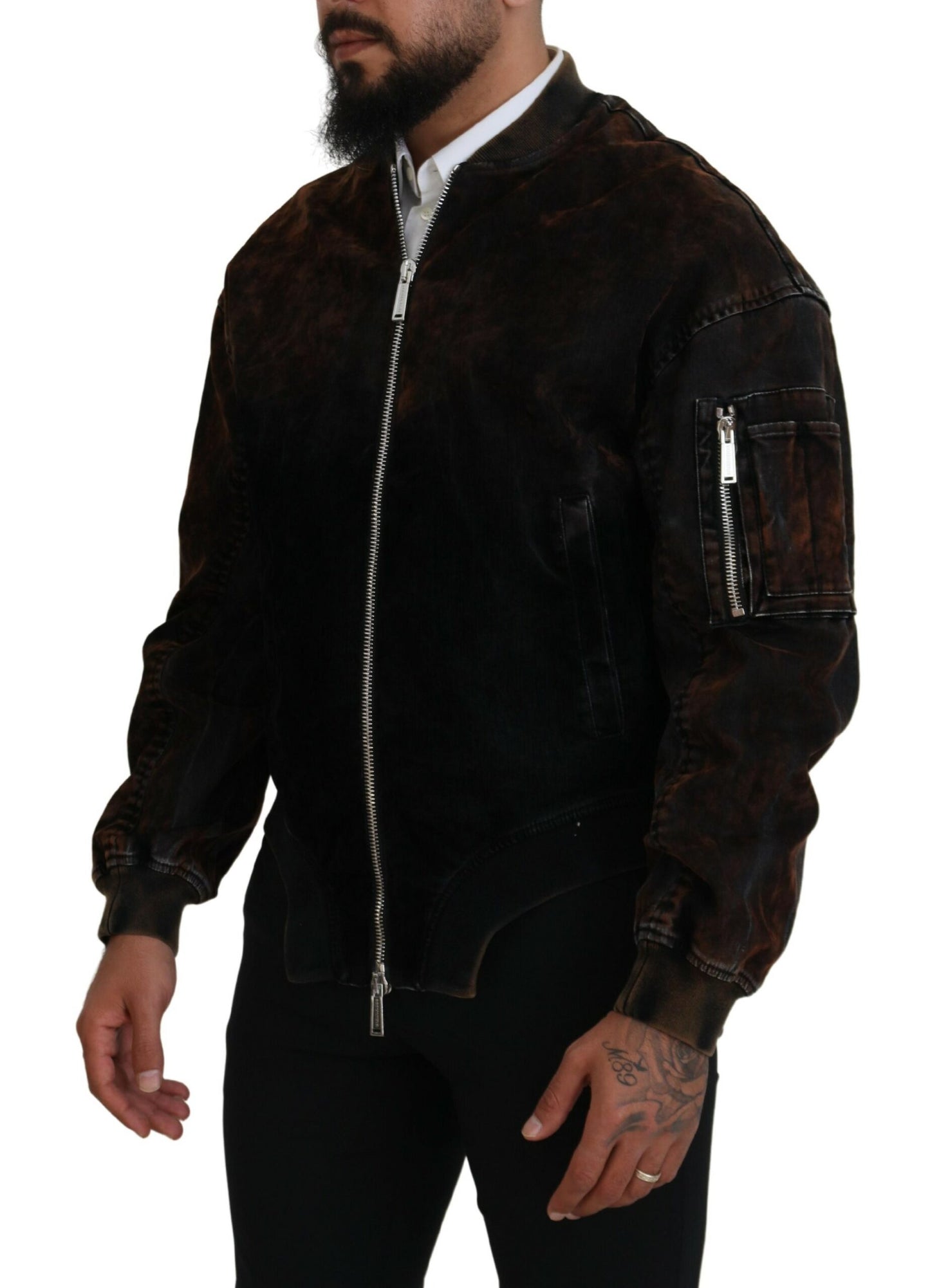 - Brown Cotton Bomber Zipper Pocket Sleeves Jacket
