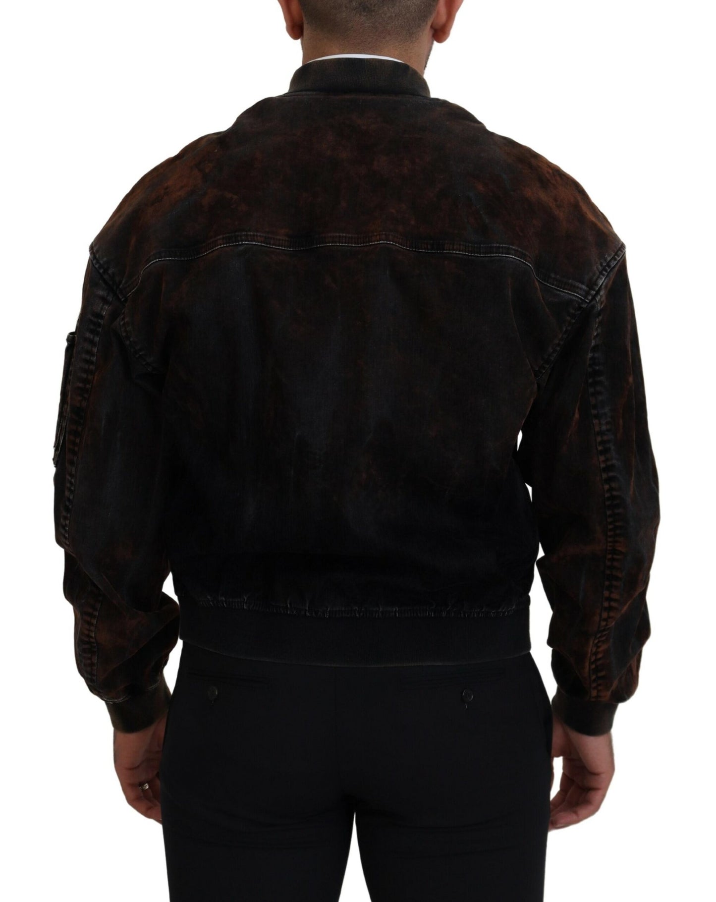 - Brown Cotton Bomber Zipper Pocket Sleeves Jacket
