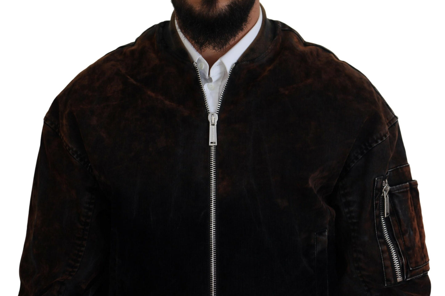 - Brown Cotton Bomber Zipper Pocket Sleeves Jacket