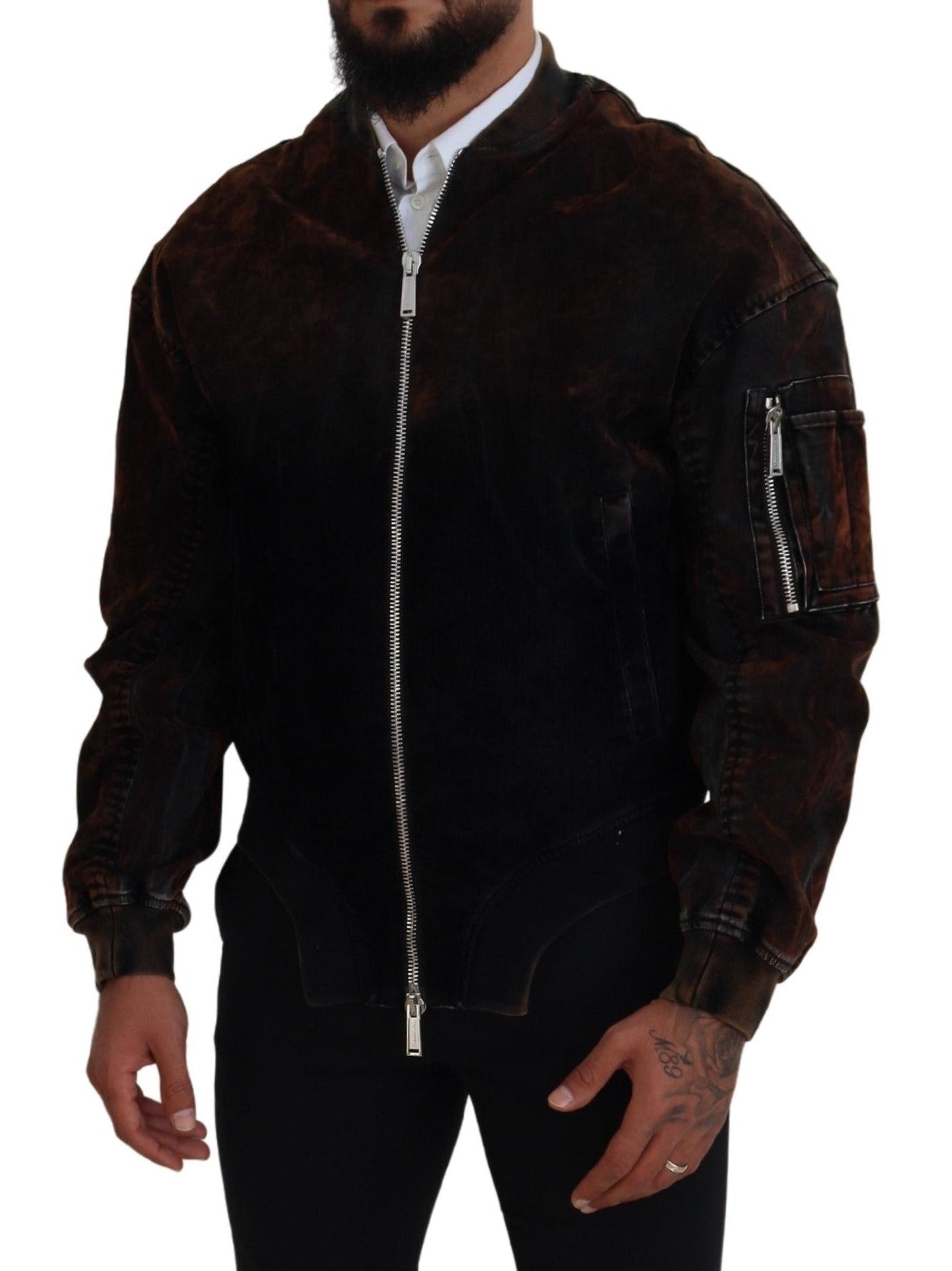 - Brown Cotton Bomber Zipper Pocket Sleeves Jacket