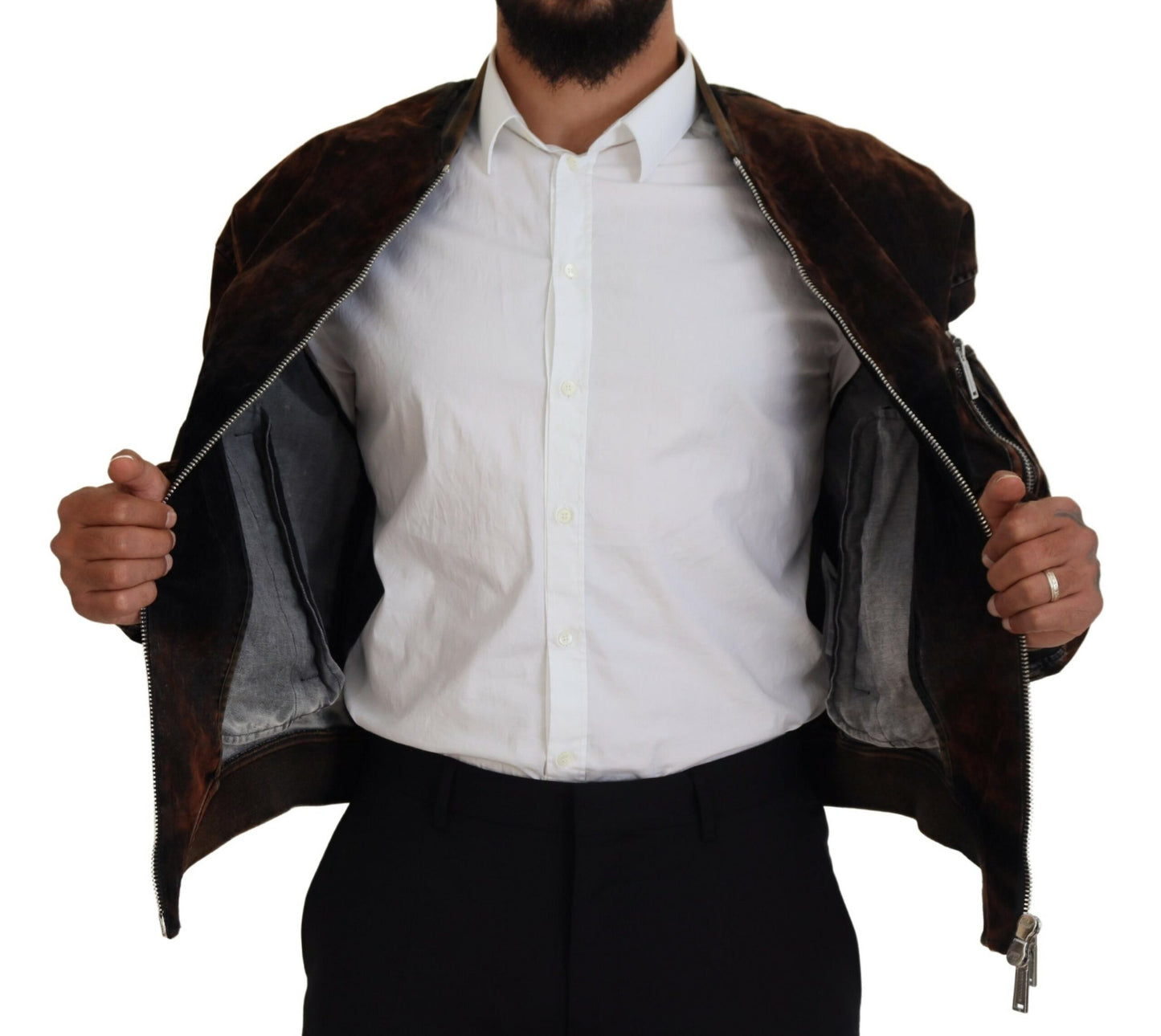 - Brown Cotton Bomber Zipper Pocket Sleeves Jacket