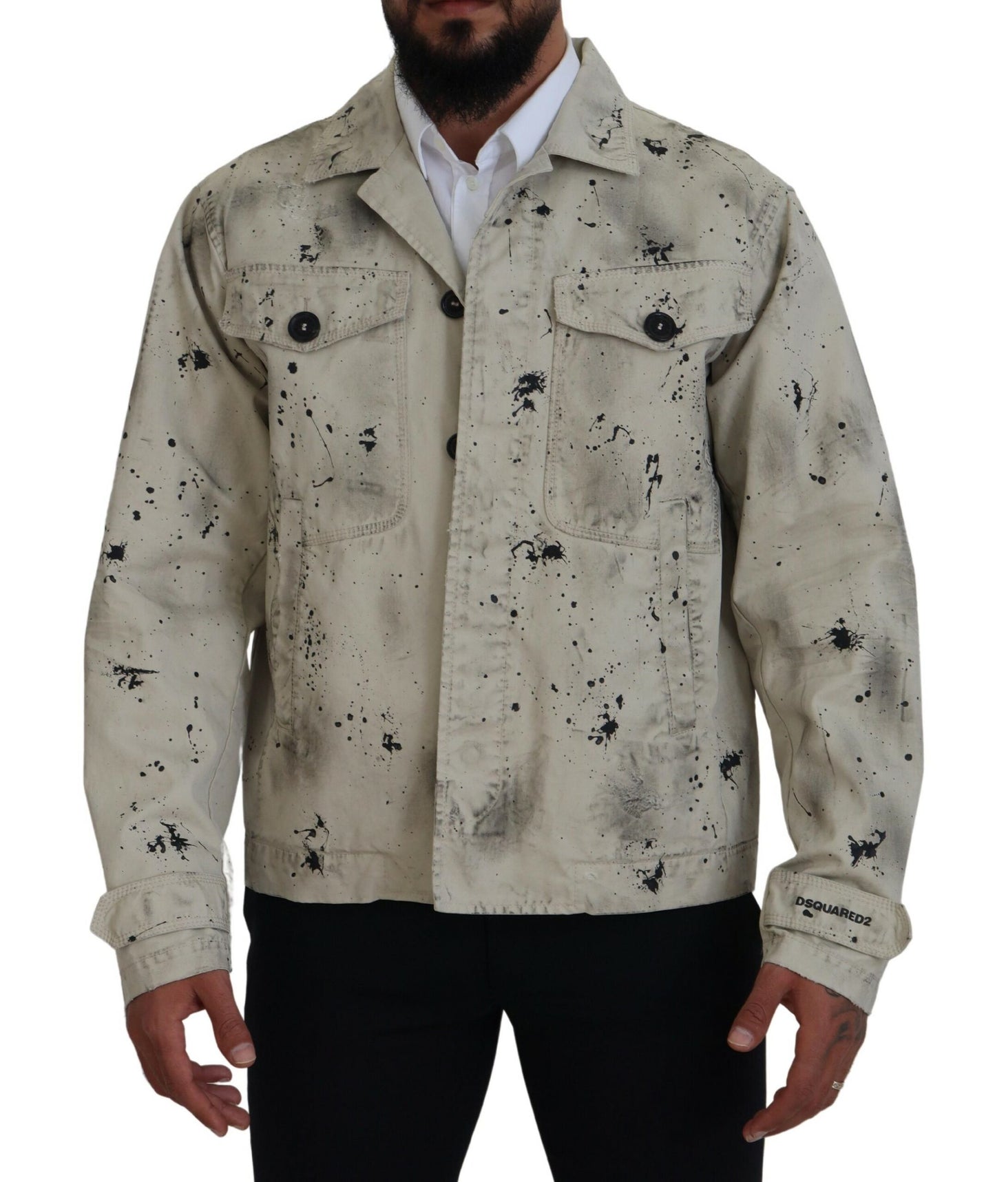 - Off White Black Splash Print Casual Denim Jacket