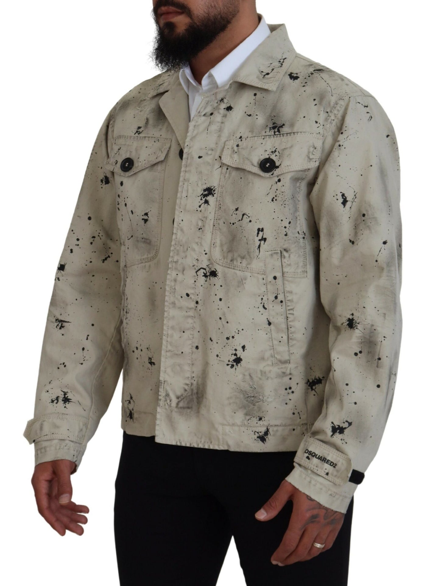 - Off White Black Splash Print Casual Denim Jacket