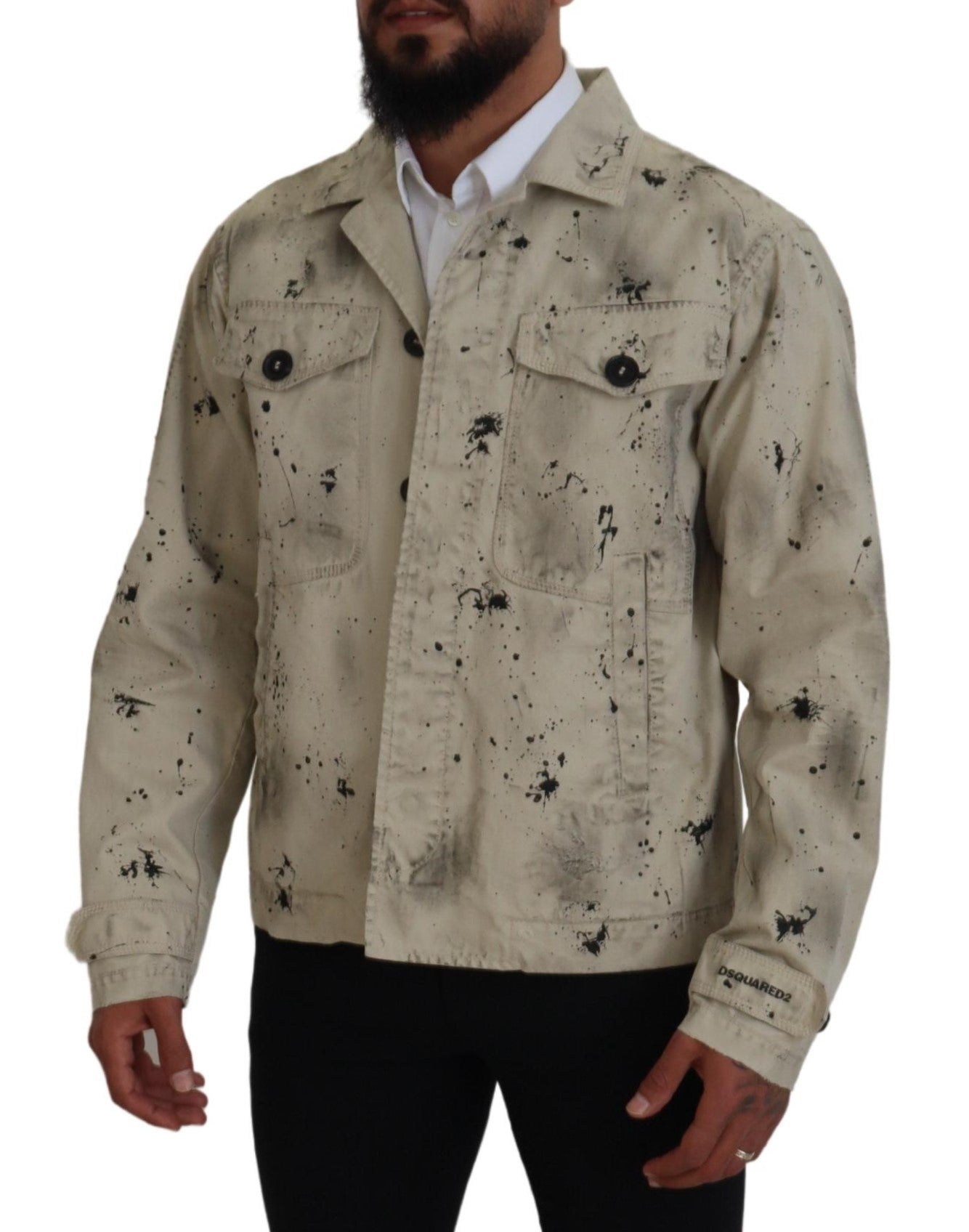 - Off White Black Splash Print Casual Denim Jacket